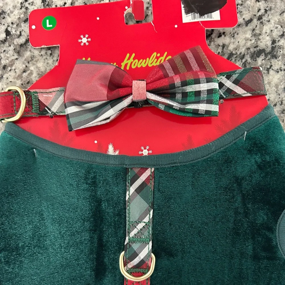 Christmas Dog Harness & Collar Bow Tie Set fits Girth Up To 23